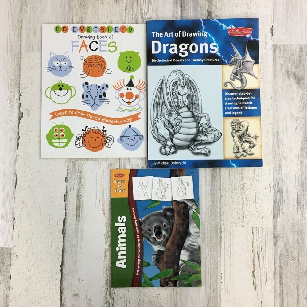Lot 3 Drawing Books Ed Emberley Faces Walter Foster Dragons Animals Kids Learn